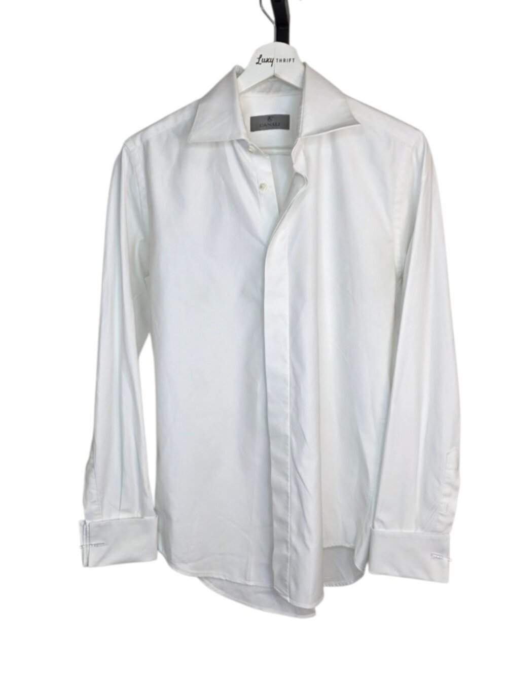 Canali Men's Long Sleeve Button Up Shirt,White, 100% Cotton,French Cuff, 39-15.5